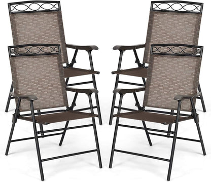 Giantex Set of 4 Patio Folding Dining Chairs for Camping, Beach, Backyard, Deck Portable W/Armrest and Metal Frame, 4-Pack (Brown) Chairs Lawn & Garden Patio Patio Dining Chairs Patio Furniture & Accessories Patio Seating