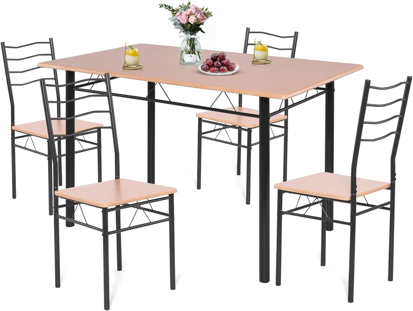 COSTWAY 5 Pieces Dining Room Table Set, Modern Kitchen Table Set with Metal Framework & Anti-Slip Pads, Dining Furniture Set with 4 High Back Chairs for Dining Room, Restaurant and Cafe (Natural Wood) Dining Room Furniture Furniture Home & Kitchen Table & Chair Sets