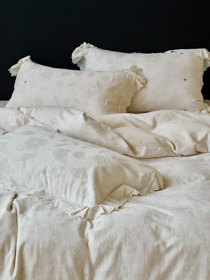 Ruffle Lace Jacquard Floral Linen Bedding Set