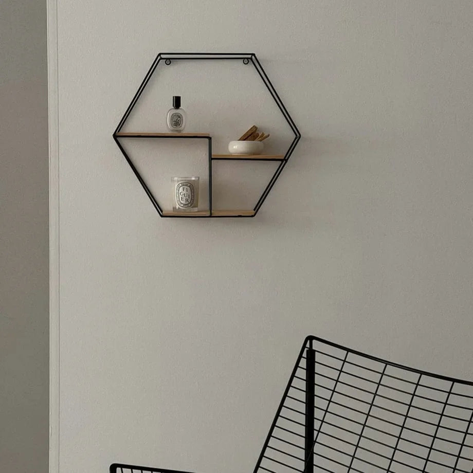 Geometric Hexagon Metal & Wood Wall Shelf