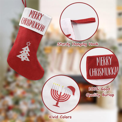 Merry Chrismukkah Stocking Hanukkah Christmas Stockings, 10'' X 15'' Burlap Gift Storage Sock Chanukah Xmas Party Decorations Classic Elements Design Including Menorah, Santa Hat, Christmas Tree Holders Home & Kitchen Seasonal Décor Stockings & Holders