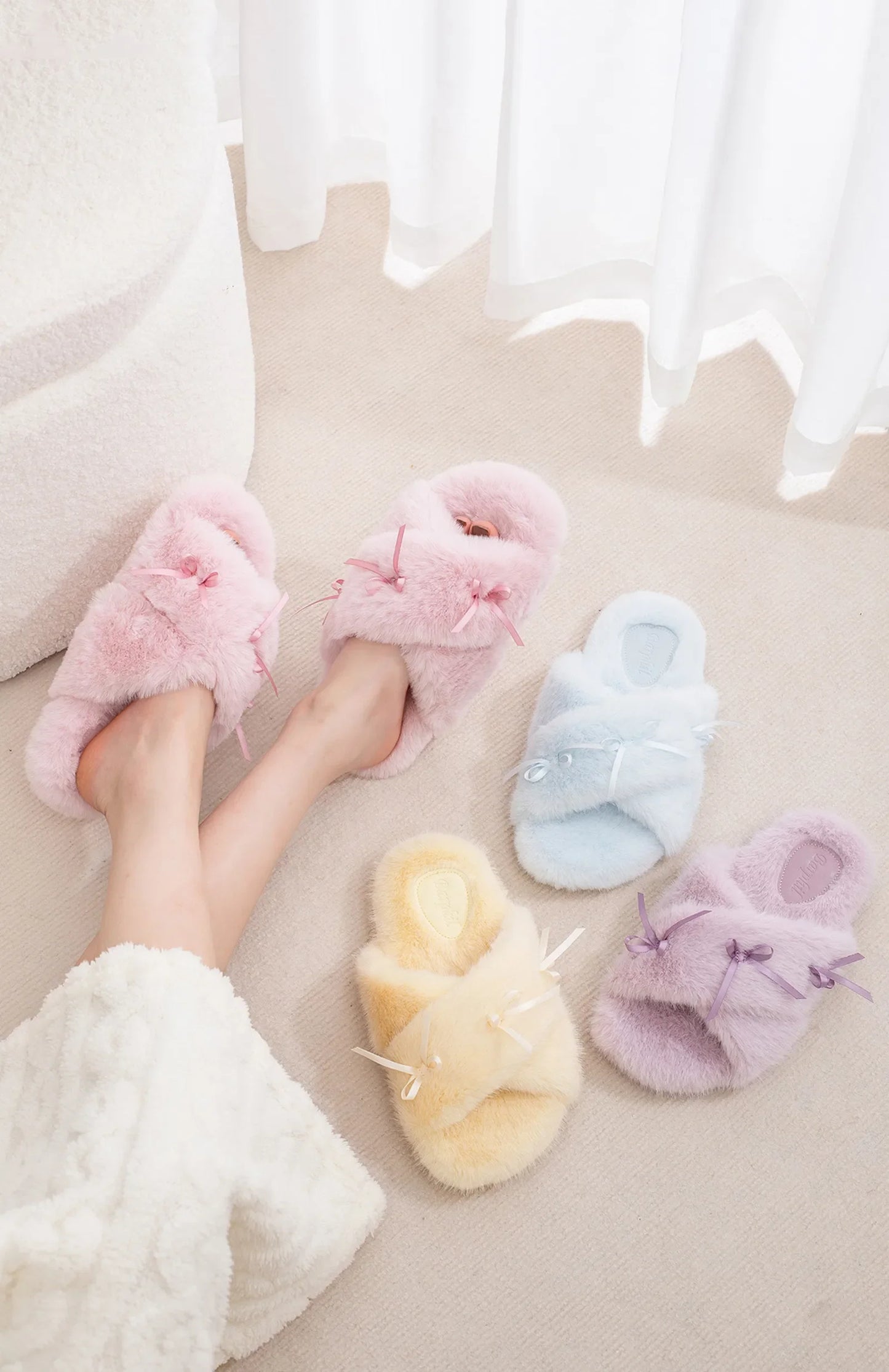 Fuzzy Bow-Knot Cross Band Plush House Slippers