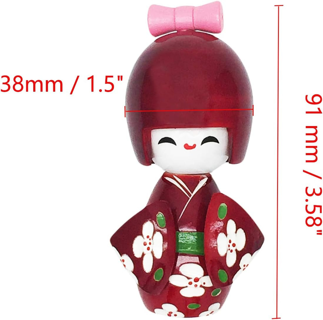 Crimson Japanese Floral Kimono Sweet Smiling Girl Wooden Kokeshi Doll Toy for House & Office Decoration Handicraft Ornaments, 3.58" X 1.5" Dolls Dolls & Accessories Toys & Games