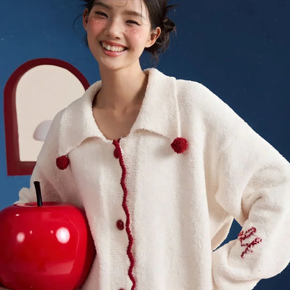Plush Embroidered Pom-Pom Fleece Pajama Set