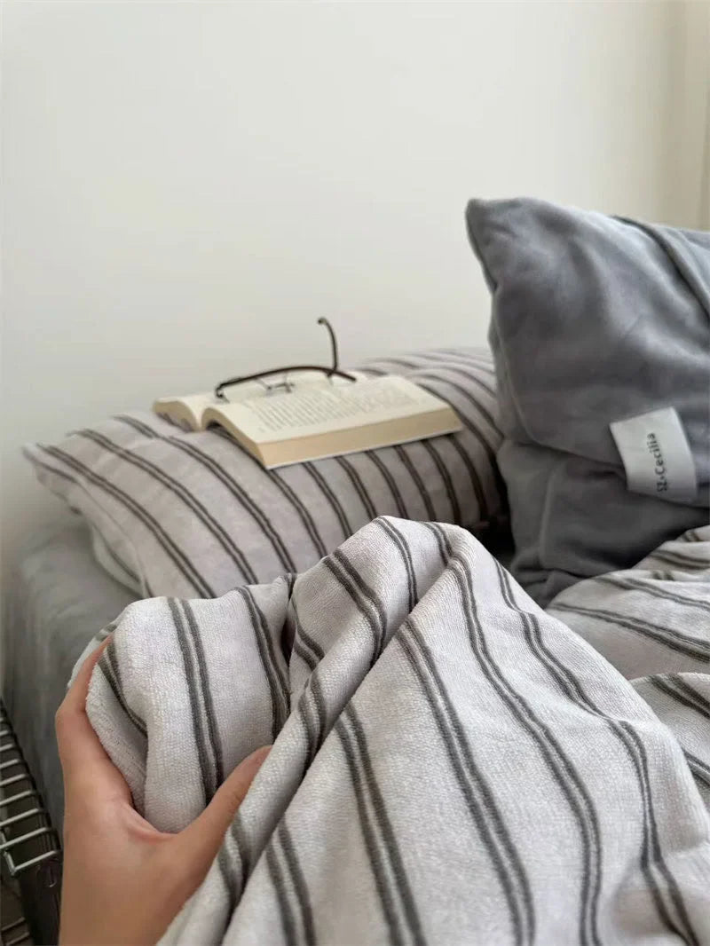 Plush Pinstripe Flannel Fleece Bedding Set