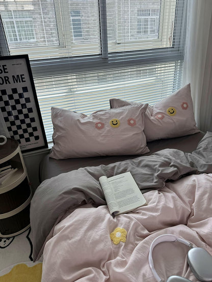 Cute Embroidered Smiles and Flowers Bedding Set