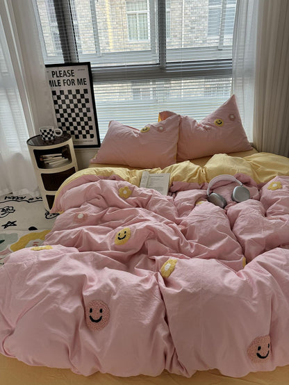 Cute Embroidered Smiles and Flowers Bedding Set