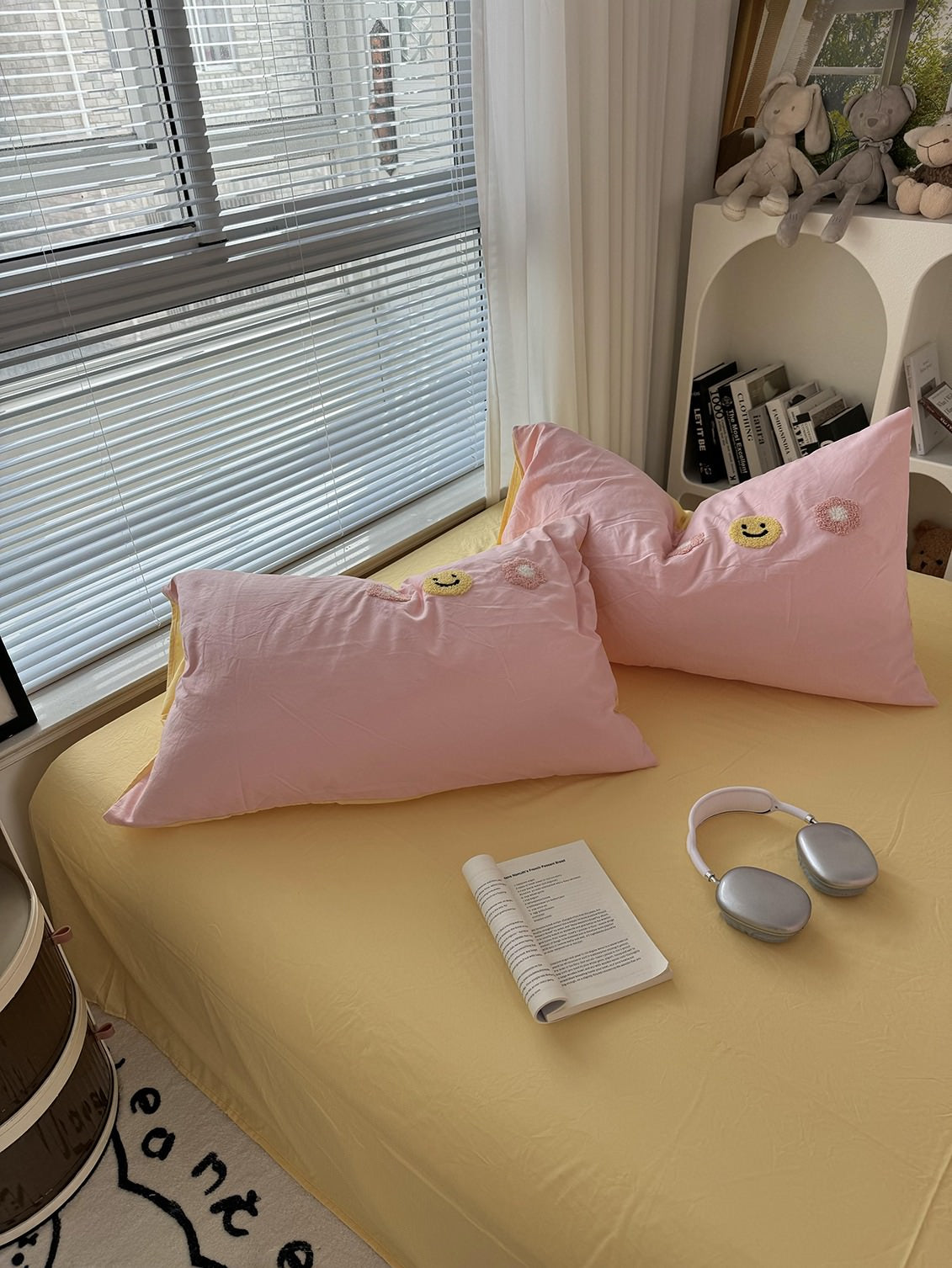 Cute Embroidered Smiles and Flowers Bedding Set