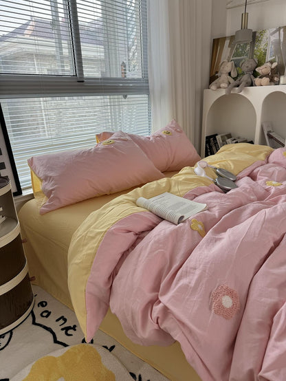 Cute Embroidered Smiles and Flowers Bedding Set