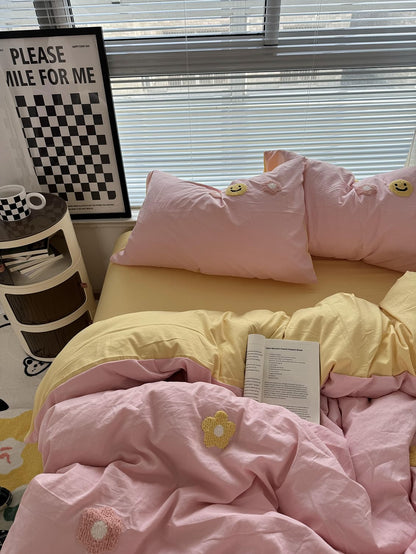 Cute Embroidered Smiles and Flowers Bedding Set