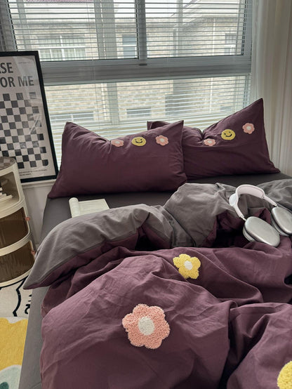 Cute Embroidered Smiles and Flowers Bedding Set