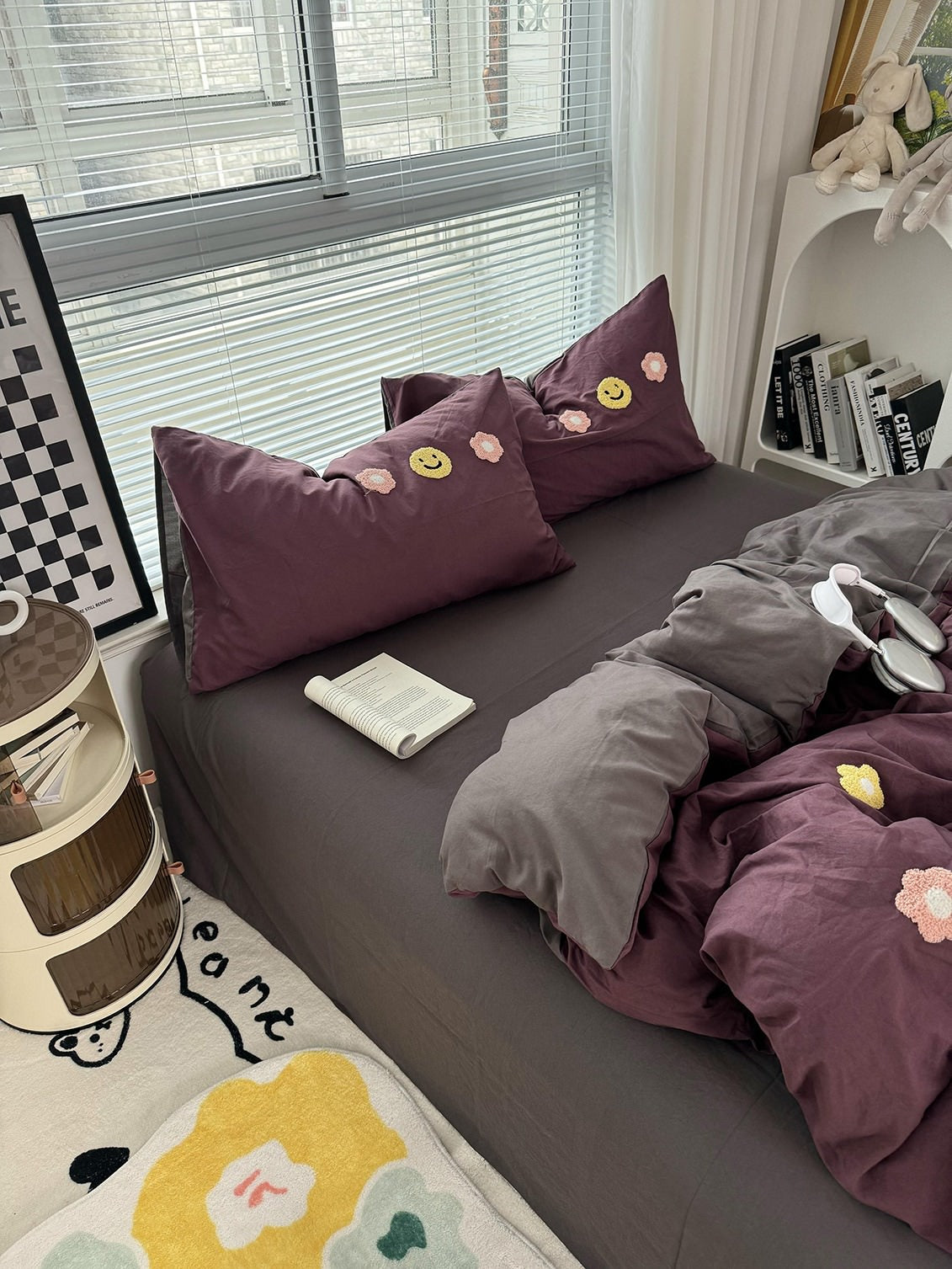 Cute Embroidered Smiles and Flowers Bedding Set