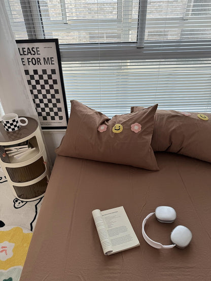 Cute Embroidered Smiles and Flowers Bedding Set