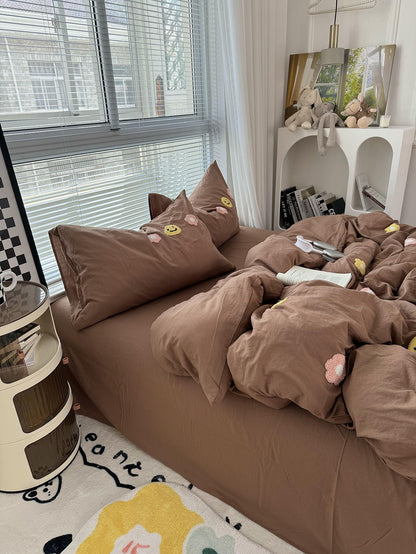 Cute Embroidered Smiles and Flowers Bedding Set