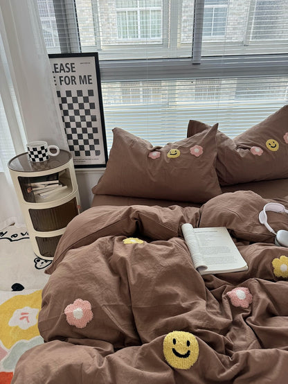 Cute Embroidered Smiles and Flowers Bedding Set