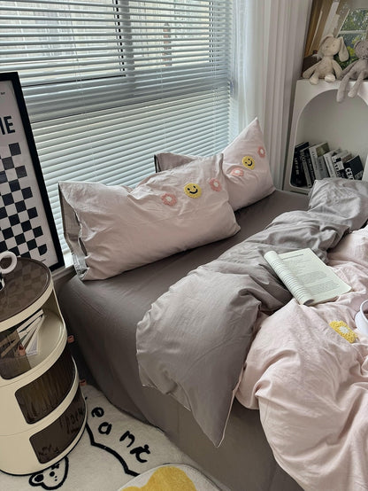 Cute Embroidered Smiles and Flowers Bedding Set