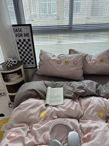 Cute Embroidered Smiles and Flowers Bedding Set