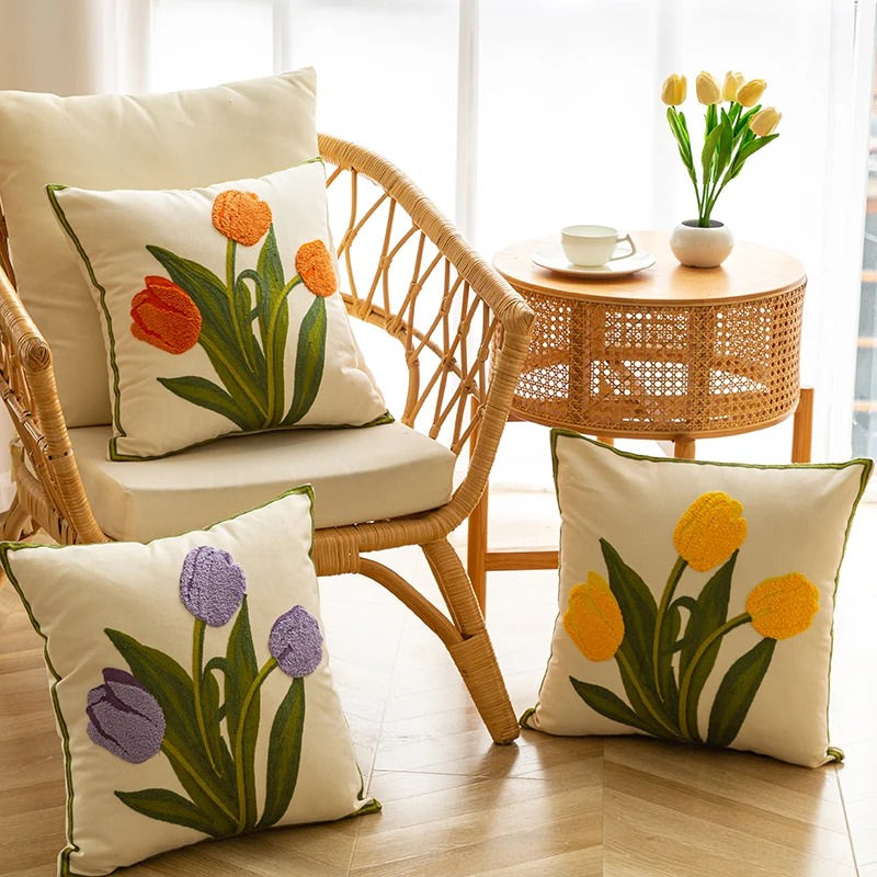 Embroidered Colorful Tulips Cushion Cover cute flower embroidered little flower SUB CATEGORY_Cushion Covers