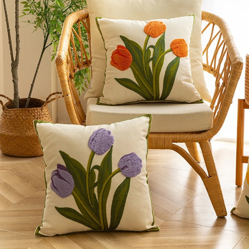 Embroidered Colorful Tulips Cushion Cover cute flower embroidered little flower SUB CATEGORY_Cushion Covers