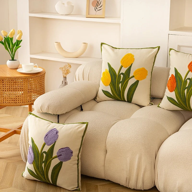 Embroidered Colorful Tulips Cushion Cover cute flower embroidered little flower SUB CATEGORY_Cushion Covers