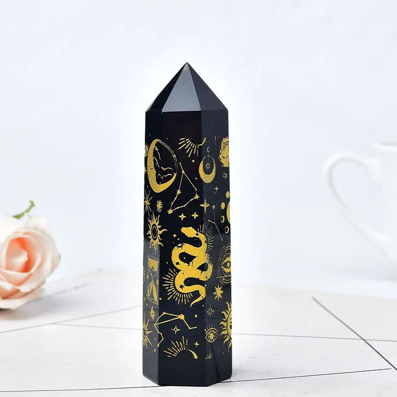 Moon Print Plated Obsidian Crystal Tower