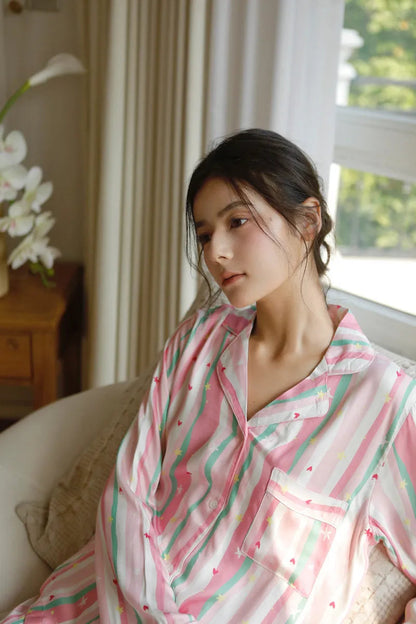 Silky Wavy Striped & Heart Print Cotton Sateen Pajama