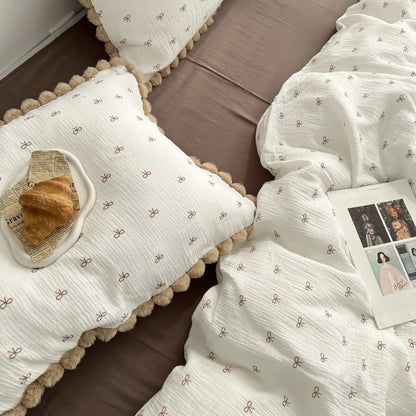 Pom Pom Trim Bow Print Washed Cotton Bedding Set