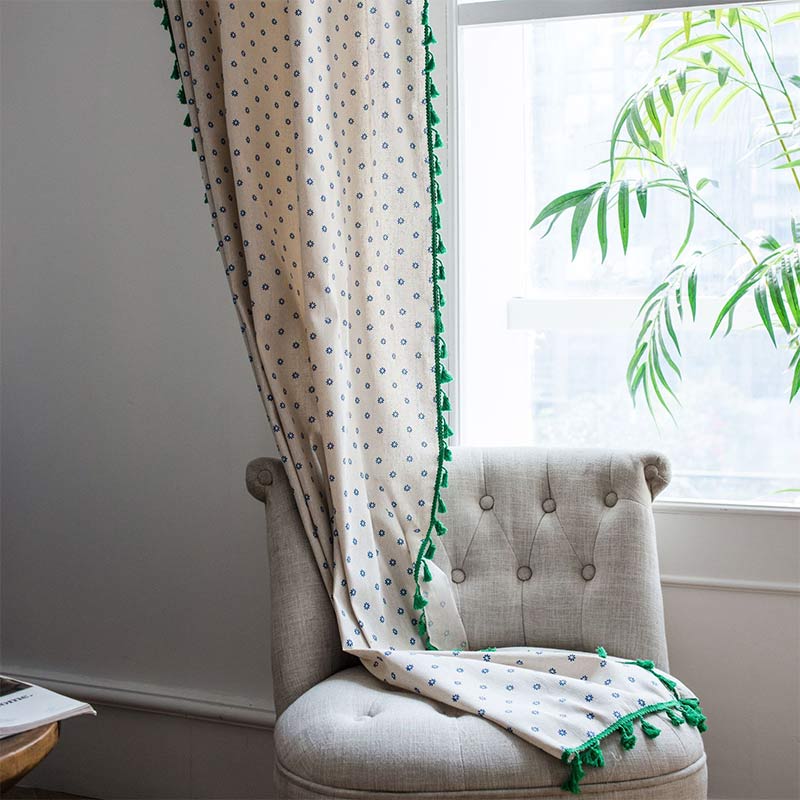 Blue Daisy Green Cotton Curtain