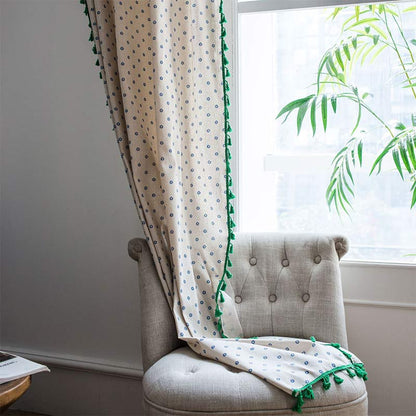 Blue Daisy Green Cotton Curtain
