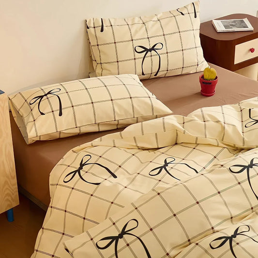 Soft Bow & Plaid Cotton Bedding Set