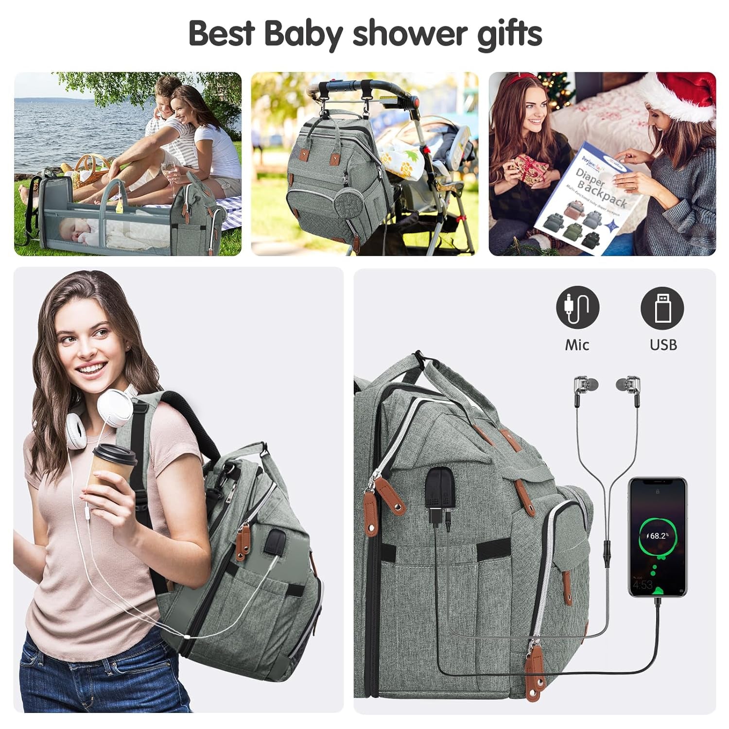 DERJUNSTAR Baby Diaper Bag Backpack, Diaper Changing Station, Baby Bags for Boys Girls, Mothers Day Gift,Usb Charging Port,Pacifier Case, Sunshade and Toy Bar, Ash Grey Baby Products Backpacks Diaper Bags Diapering