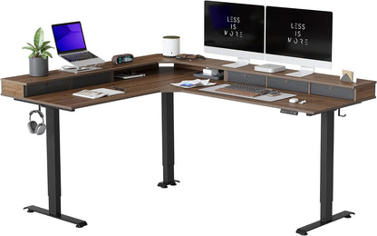 FEZIBO Triple Motor 63" L Shaped Standing Desk with 3 Drawers, Electric Standing Gaming Desk Adjustable Height, Corner Stand up Desk with Splice Board, White Frame/White Top Furniture Home & Kitchen Home Office Desks Home Office Furniture