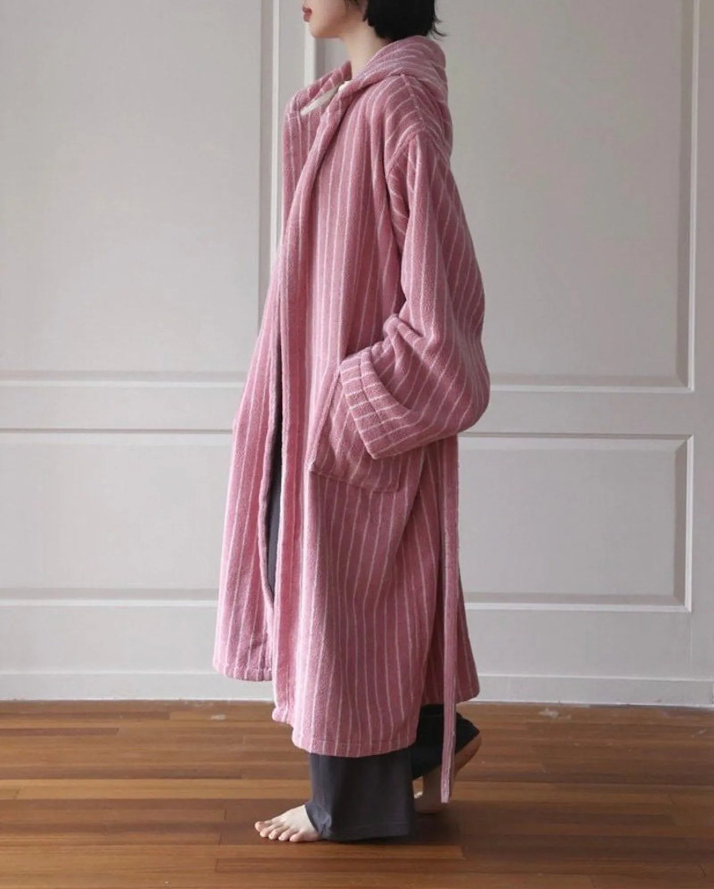 Plush Vertical Striped Cotton Hooded Robe