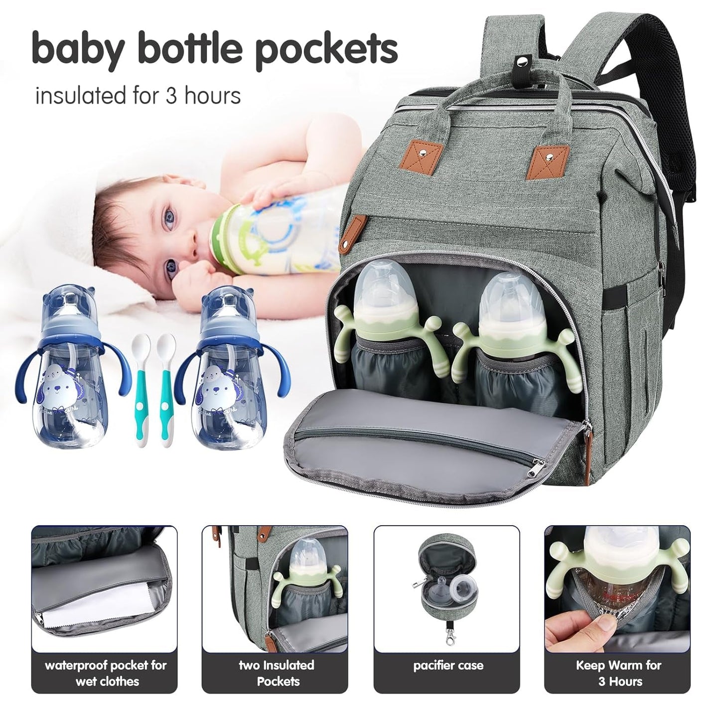 DERJUNSTAR Baby Diaper Bag Backpack, Diaper Changing Station, Baby Bags for Boys Girls, Mothers Day Gift,Usb Charging Port,Pacifier Case, Sunshade and Toy Bar, Ash Grey Baby Products Backpacks Diaper Bags Diapering