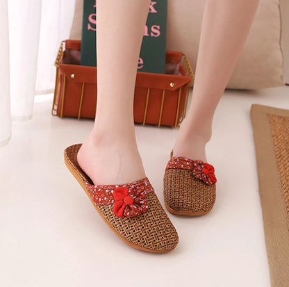 Woven Floral Natural Rattan House Slippers