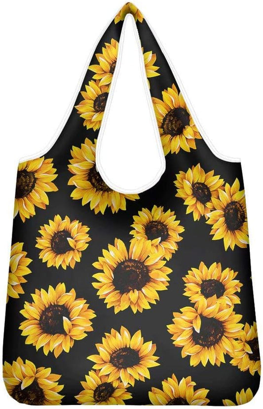 AFPANQZ Sunflower Grogcery Bag Foldable into Attacted Pocket Machine Washable Reusable Shopping Bags for Groceries Polyester Grocery Tote with Handle Heavy Duty Shoulder Totes Storage Yellow Black