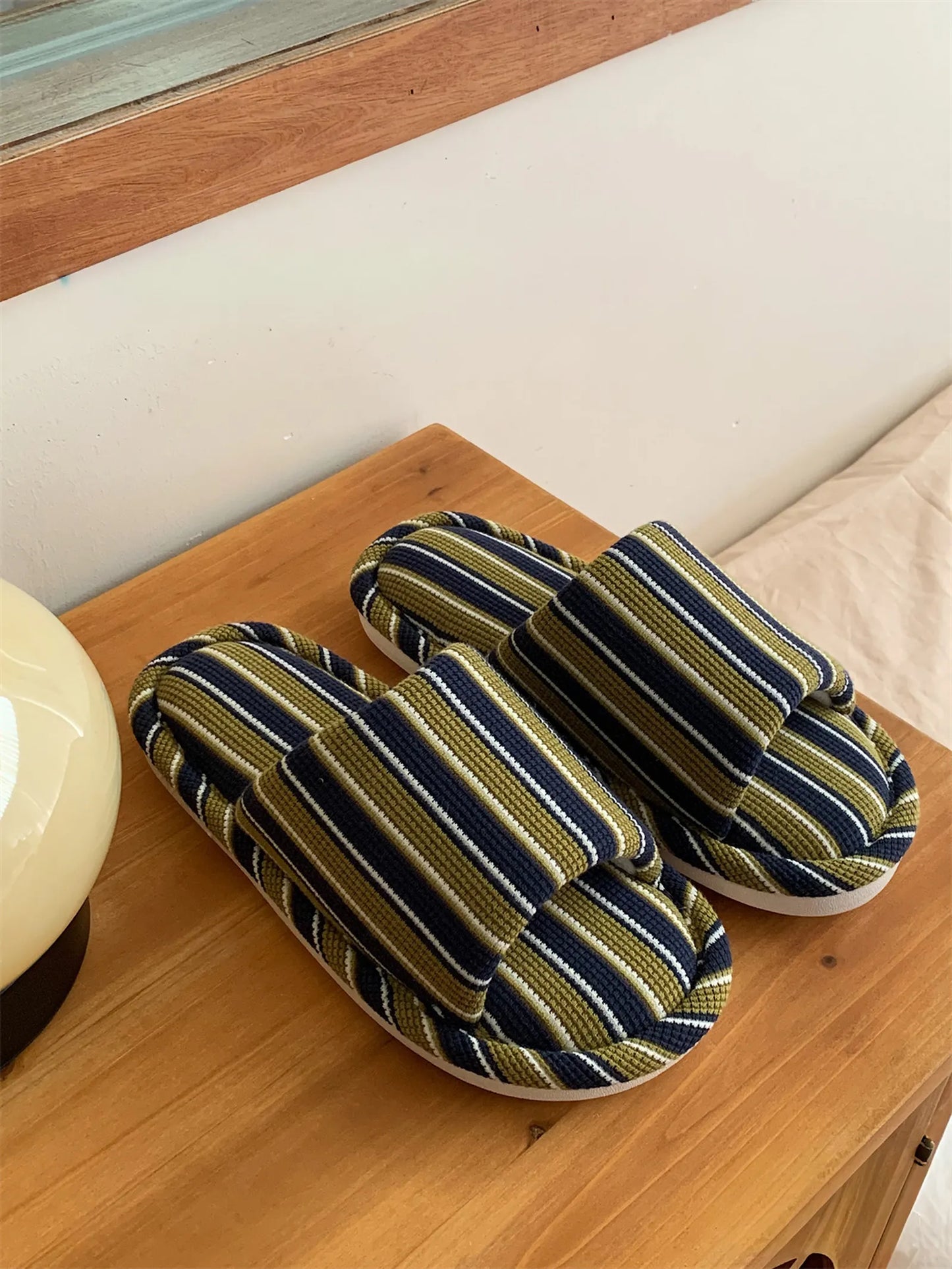 Soft Ribbed Striped Cotton House Slippers