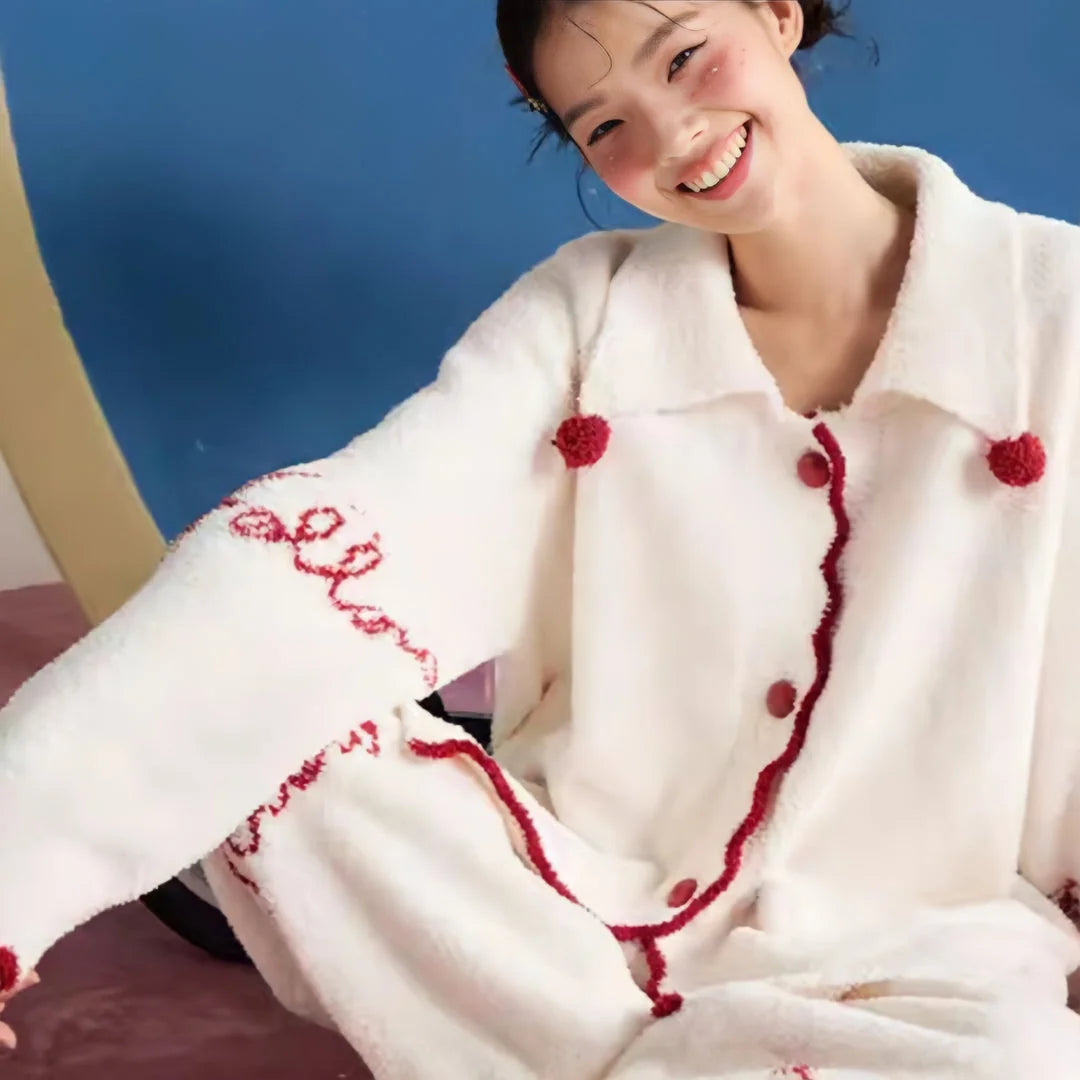 Plush Embroidered Pom-Pom Fleece Pajama Set