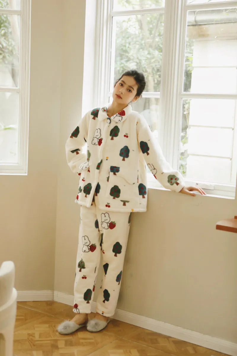 Plush Bunny & Strawberry Flannel Fleece Pajama Set