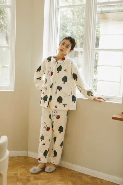 Plush Bunny & Strawberry Flannel Fleece Pajama Set