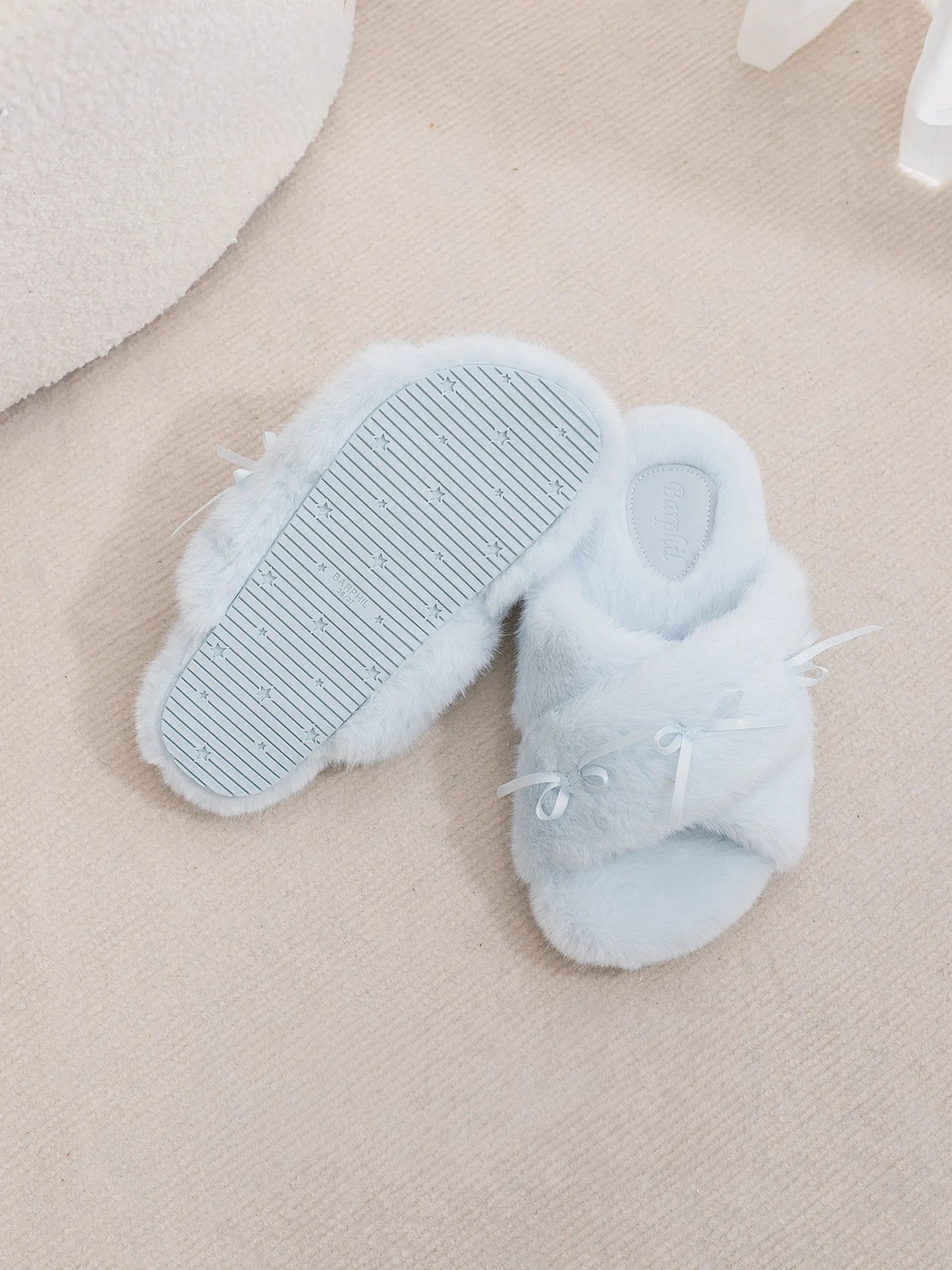 Fuzzy Bow-Knot Cross Band Plush House Slippers