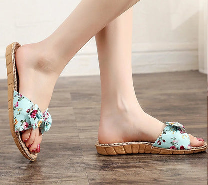 Woven Floral Bow Linen House Slippers