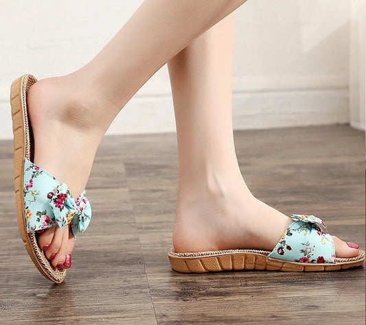 Woven Floral Bow Linen House Slippers