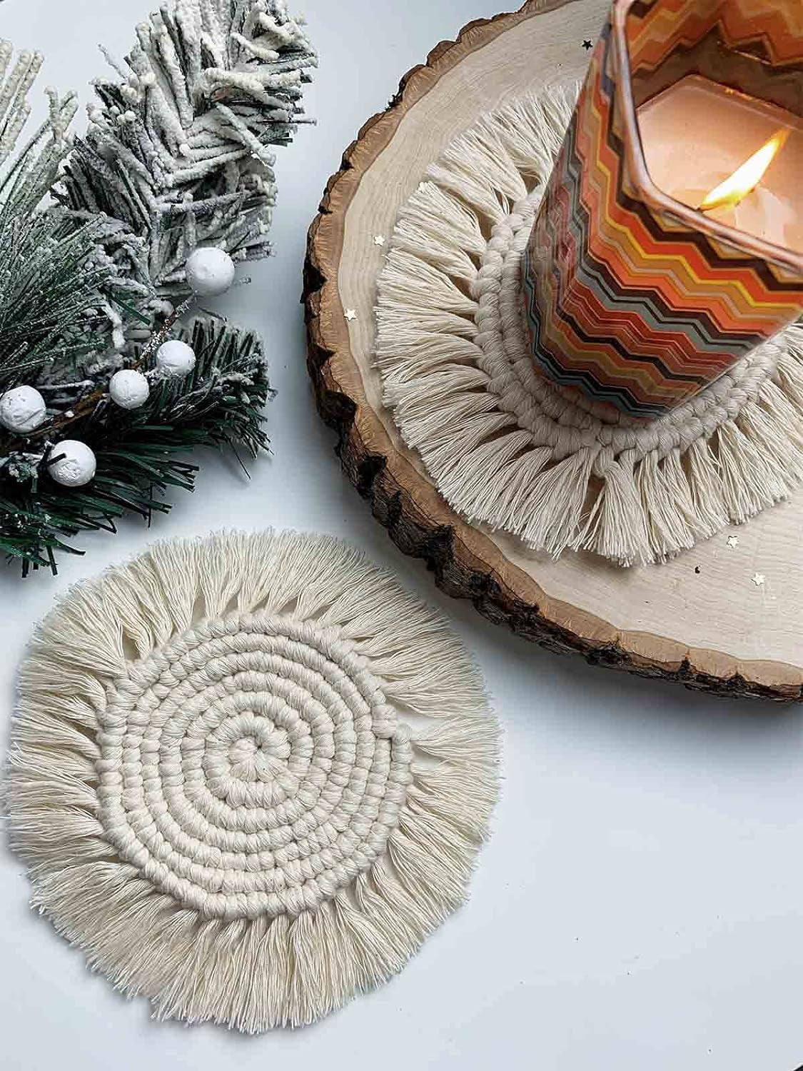 Coasters for Drinks Boho Coasters Cute Macrame Coasters Absorbent Cup Coasters for Wooden Table Desk Home Decor Housewarming Gift, 2 Set (BEGIE) Bar Tools Bar Tools & Drinkware Coasters Dining & Entertaining Home & Kitchen Kitchen & Dining