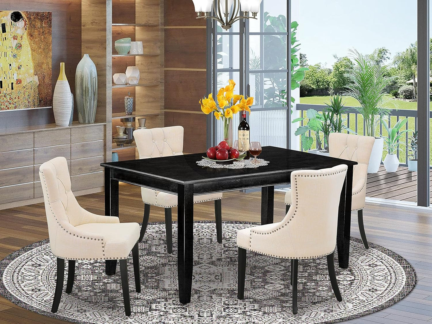 East West Furniture DUFR5-MAH-05 5-Pc Wooden Dining Table Set - Parson Dining Chairs with Doeskin Linen Fabric Seat and Button-Tufted Back - a Rectangular Dining Room Table (Mahogany Finish) Dining Room Furniture Furniture Home & Kitchen Table & Chair Sets