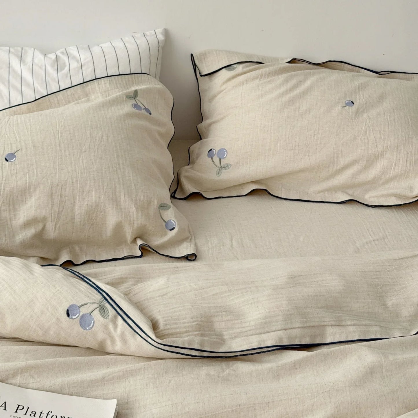 Textured Blueberry Embroidered Linen Bedding Set