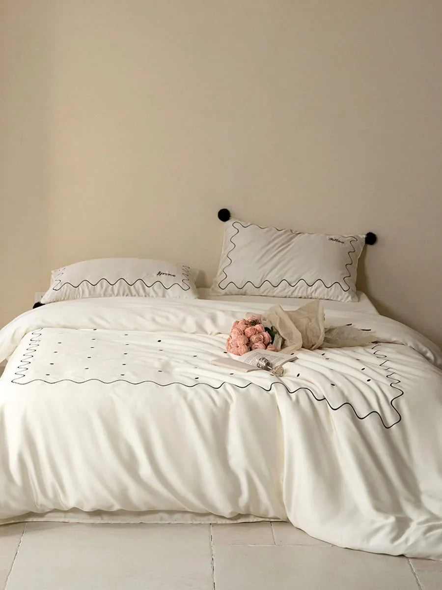 Silky Pom Pom Wavy Embroidered Tencel Bedding Set