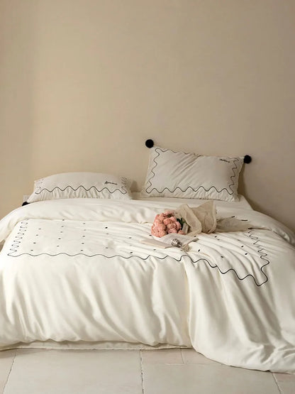 Silky Pom Pom Wavy Embroidered Tencel Bedding Set