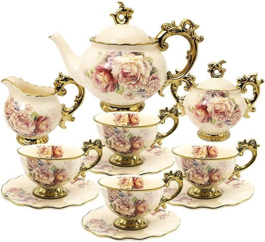 Fanquare 15 Pieces British Porcelain Tea Set, Floral Vintage China Coffee Set, Wedding Tea Service for Adult, Big Tea Cup Dining & Entertaining Dinnerware & Serveware Home & Kitchen Kitchen & Dining Tea Sets Teapots & Coffee Servers