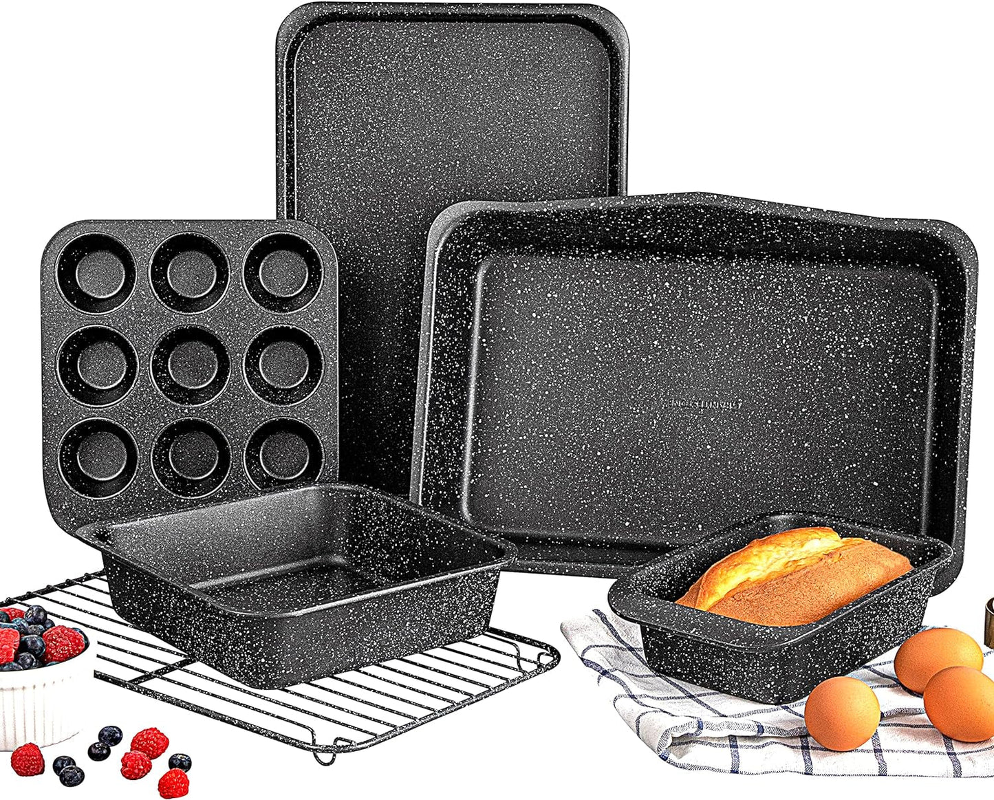 Granite Stone Pro 5 Piece Bakeware Set, 0.8MM Gauge, Durable Nonstick Surface, Oven Safe 550°F with No Warping, Dishwasher Safe, Cookie Sheet, Muffin Pan, Loaf Pan & round Pan and XL Rectangular Tray